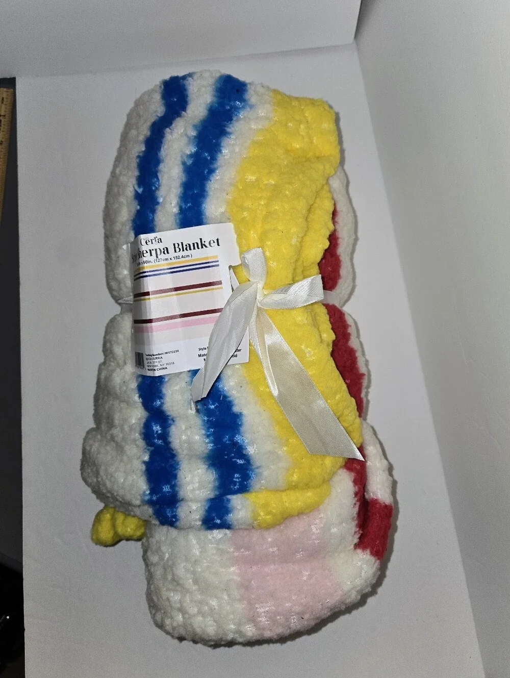 Cerra Plush Striped Sherpa Blanket - Pink, Yellow and Blue - 50 X 60 NEW